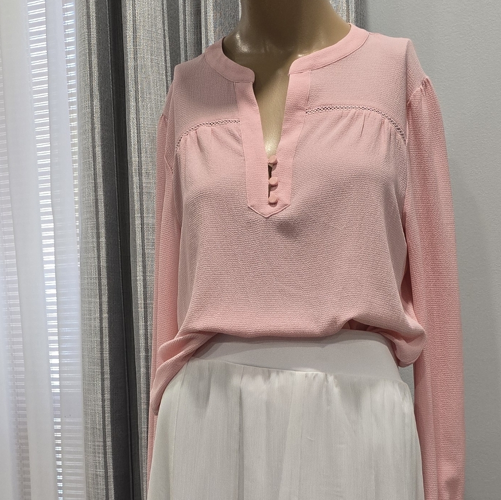 981 CeCe Womens Elegant Long Slv Flowy Pink Blouse 3/4 Button Opening